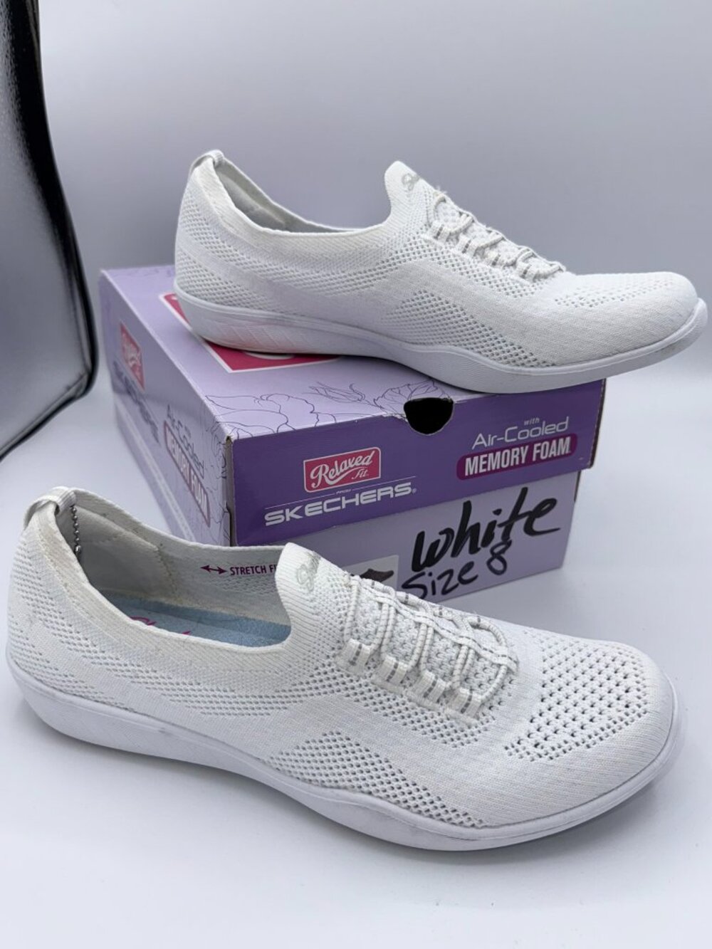 Skechers Relaxed Fit Air-Cooled Memory Foam White Knit Sneakers Size 8